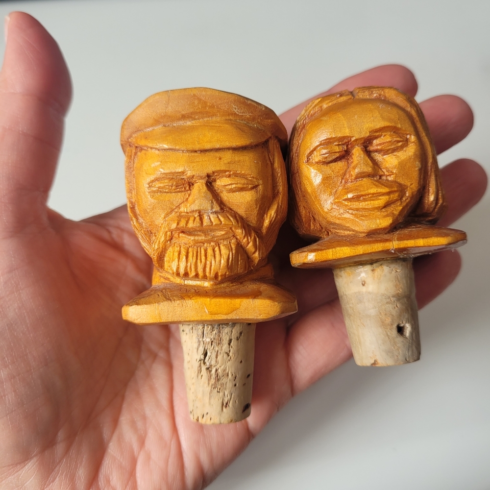 Set of 2 Vintage hand carved Folk Art head shaped bottle stoppers